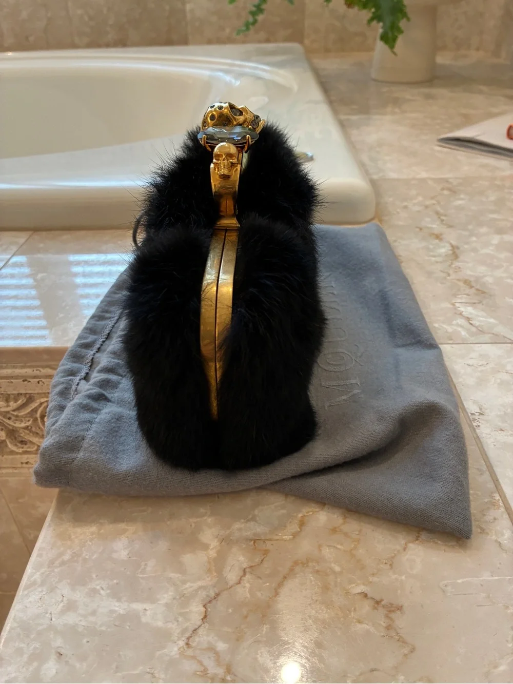 Alexander McQueen Black Fur Knuckle-Embellished Clutch with Gold Hardware